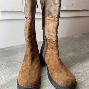 Bliss Patchwork Boots Womens 36 Brown Tan Faux Suede Chunky Heel Y2K
